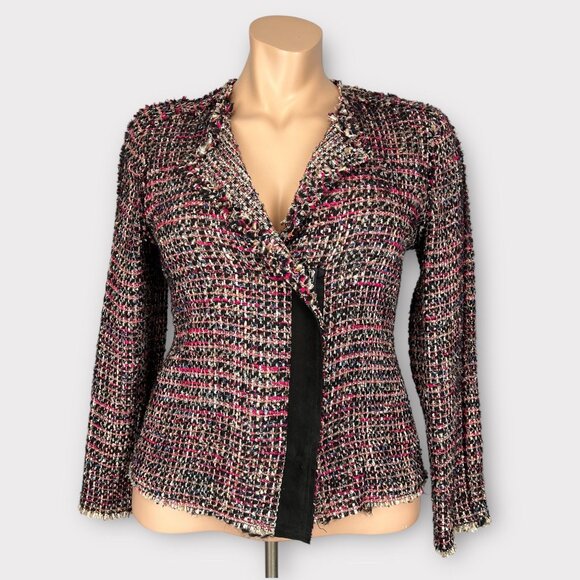 Carlisle Womens Pink Blue Tweed Blazer Jacket Zip Front Black Suede Back size 16 - Picture 1 of 13